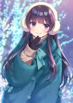  1girl aran_sweater black_gloves blue_bow blue_coat blurry blurry_background blush bow brown_sweater cable_knit closed_mouth coat commentary_request depth_of_field earmuffs gloves hand_up highres long_hair long_sleeves looking_at_viewer morikura_en original puffy_long_sleeves puffy_sleeves purple_eyes purple_hair sleeves_past_wrists smile solo sweater turtleneck turtleneck_sweater very_long_hair 