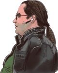  1boy black_jacket brown_hair earpiece fat fat_man from_side glasses green_shirt jacket male_focus meme mossacannibalis original ponytail profile shirt solo white_background 