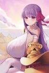  1girl bare_shoulders belt_collar blush bow breasts claw_(weapon) claws collar fate/extra fate/extra_ccc fate/grand_order fate_(series) gigantic_breasts hair_ribbon highres huge_breasts long_hair looking_at_viewer o-ring o-ring_top passionlip_(fate) passionlip_(third_ascension)_(fate) pink_eyes pink_ribbon purple_hair ribbon sideboob smile solo thighhighs to_moyomoyo very_long_hair weapon 