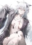  1girl absurdres animal_ear_fluff animal_ears arknights arm_rest arm_up black_jacket black_shorts blood blood_on_chest blood_on_face breasts breasts_apart bright_pupils closed_mouth collarbone crossed_legs double-parted_bangs dutch_angle feet_out_of_frame grey_eyes grey_hair hair_between_eyes hair_flowing_over hair_ornament hairclip highres jacket knees krin_(krinnin) lappland_(arknights) leaning leaning_on_object long_bangs long_hair long_sleeves looking_at_viewer medium_breasts messy_hair navel open_clothes open_jacket oripathy_lesion_(arknights) pale_skin scar scar_across_eye scar_on_face serious shadow short_shorts shorts simple_background sitting sleeves_past_fingers sleeves_past_wrists slit_pupils solo stomach thighs topless very_long_hair white_background white_pupils wide_sleeves wolf_ears wolf_girl 