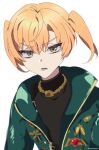  1girl angry black_shirt genderswap genderswap_(mtf) gold_necklace green_eyes green_jacket grey_background highres jacket jewelry long_sleeves medium_hair necklace nownnownn open_mouth orange_hair paradox_live shirt simple_background solo teeth turtleneck twintails yeon_dongha 