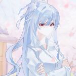  1girl alternate_costume chinese_clothes closed_mouth crossed_arms falling_petals flower hair_ornament hair_ribbon high_ponytail honkai:_star_rail honkai_(series) jingliu_(honkai:_star_rail) looking_at_viewer mouth_veil petals pink_petals red_eyes ribbon solo tree veil white_flower white_hair zaoshang_yibei_qing_gan_puer 