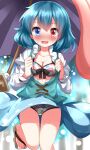  1girl bikini blue_eyes blue_hair blue_skirt blue_vest blurry blurry_background blush breasts brown_footwear cleavage commentary_request cross-laced_clothes geta heterochromia highres juliet_sleeves long_sleeves medium_breasts multicolored_bikini multicolored_clothes puffy_sleeves red_eyes ruu_(tksymkw) shirt short_hair skirt solo sweatdrop swimsuit tatara_kogasa touhou vest white_bikini white_shirt 