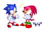 2021 annoyed anthro black_eyes blue_body blue_fur clothing duo eyes_closed footwear fur gloves grin handwear knuckles_the_echidna laugh lumspark male sega shoes simple_background smile sneakers socks sonic_the_hedgehog sonic_the_hedgehog_(series) spikes spikes_(anatomy) tail teeth white_background white_clothing white_gloves white_handwear