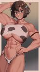  1girl abs animal_ears animal_print arm_behind_head arm_strap arm_up ass bandeau bare_shoulders biceps border breasts brown_hair cow_ears cow_girl cow_horns cow_print dark-skinned_female dark_skin gradient_background grey_eyes hair_between_eyes hand_on_own_head hand_on_own_hip heart highleg highleg_panties highres horns huge_ass looking_at_viewer mole mole_on_breast muscular muscular_female navel obliques original panties parted_lips short_hair skindentation smile solo soolee040995 stomach strapless thighs tube_top underboob underwear veins veiny_arms white_border 