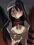  1girl akemi_homura black_hair blush bow bowtie breasts breasts_out brown_eyes closed_mouth hairband highres long_hair looking_at_viewer mahou_shoujo_madoka_magica nipples no_bra outdoors red_bow red_bowtie sara_(arorasyeimi) school_uniform small_breasts smile solo upper_body 