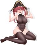  1girl :d absurdres blush breasts brown_leotard brown_thighhighs covered_navel full_body gloves hat heterochromia highres hololive houshou_marine kachikachipiroo large_breasts leotard long_hair looking_at_viewer no_shoes open_mouth pirate_hat plume red_eyes red_hair sharp_teeth sitting skindentation smile solo sweat teeth thighhighs thighs twintails virtual_youtuber white_gloves yellow_eyes yokozuwari 