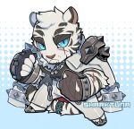  1boy animal_ears arknights artist_name bandaged_hand bandages chain chain_necklace chibi clenched_hands english_commentary furry furry_male infection_monitor_(arknights) jewelry looking_at_viewer male_focus mountain_(arknights) multiple_scars necklace scar scar_across_eye scar_on_arm scar_on_face scar_on_hand sharktuna spiked_pauldrons tail tiger_boy tiger_ears tiger_stripes tiger_tail 