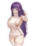  1girl adjusting_hair arm_up armpits blunt_bangs breasts closed_mouth desperate_airpo expressionless fern_(sousou_no_frieren) highres large_breasts long_hair meme_attire naked_sweater purple_eyes purple_hair sideboob simple_background skindentation solo sousou_no_frieren sweater thighhighs thighs turtleneck turtleneck_sweater very_long_hair virgin_killer_sweater white_background white_thighhighs 