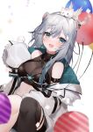  1girl 40_(0f0urw) :d ahoge animal_ear_piercing animal_ears aone_ioru aqua_eyes aqua_jacket arm_belt balloon bare_shoulders belt belt_buckle black_belt black_thighhighs blurry blurry_foreground blush breasts buckle cleavage commentary_request commission cowboy_shot depth_of_field eyes_visible_through_hair fur-trimmed_jacket fur_trim grey_hair hair_between_eyes hamster_ears hamster_girl hand_up indie_virtual_youtuber jacket long_hair looking_at_viewer medium_breasts messy_hair o-ring off_shoulder open_mouth second-party_source single_thighhigh sitting skeb_commission sleeves_past_fingers sleeves_past_wrists smile solo thigh_belt thigh_strap thighhighs two-sided_fabric two-sided_jacket virtual_youtuber white_background white_jacket 