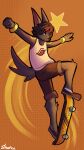 2018 4_fingers action_pose anthro arm_markings arm_tuft artist_name biped black_body black_ears black_fur black_hair black_nose black_sneakers black_tail black_tuft bottomwear bracelet brown_bottomwear brown_clothing brown_shorts canid canine canis clothed clothed_anthro clothed_male clothing colored digital_drawing_(artwork) digital_media_(artwork) elbow_tuft eye_print eye_through_hair eyebrow_through_hair eyebrows fingers front_view full-length_portrait fur fur_tuft glistening glistening_eyes gold_(metal) gold_bracelet gold_jewelry green_eyes hair halftone halftone_background hi_res isaac_(kabula) jackal jersey jewelry looking_at_viewer male male_anthro mammal markings motion_lines orange_background pattern_background portrait pose prick_ears shaded shorts shoulder_markings signature simple_background skateboard skateboarding solo star stratica tail text topwear translucent translucent_hair tuft white_jersey white_text yellow_markings yellow_star