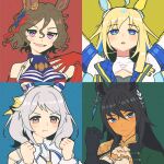  4girls :d ahoge animal_ears arms_up bare_shoulders blonde_hair blue_background blue_eyes blue_hair blush breasts brown_eyes brown_hair clenched_hands colored_inner_hair ear_covers gloves grey_hair hair_between_eyes hand_on_own_chest hishi_miracle_(umamusume) horse_ears horse_girl jacket large_breasts long_hair long_sleeves looking_at_viewer looking_up medium_hair multicolored_hair multiple_girls nenbutsu_0416 neo_universe_(umamusume) pout purple_eyes red_background red_gloves red_hair short_hair simple_background smile swept_bangs symboli_kris_s_(umamusume) tap_dance_city_(umamusume) teeth umamusume upper_body white_jacket yellow_background 