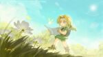  1boy blonde_hair blue_eyes blue_sky boots cloud commentary flower grass green_shirt green_shorts hat highres holding holding_paper lens_flare link male_focus navi paper pointy_ears reading shield shield_on_back shirt shorts sky solo sun sword sword_on_back the_legend_of_zelda the_legend_of_zelda:_ocarina_of_time weapon weapon_on_back young_link yun_(dl2n5c7kbh8ihcx) 