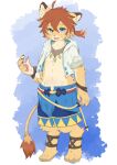  1boy absurdres animal_ears blue_shorts claws commentary digitigrade furry furry_male highres hood hooded_jacket jacket lion_boy lion_ears lion_tail looking_at_viewer male_focus pawpads ponytail shorts tail theo_(world_flipper) tukuenomoto whiskers white_jacket world_flipper 
