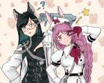  ? animal_ears anne_(path_to_nowhere) black_hair braid dog_ears glasses iron_(path_to_nowhere) jrnc23 lab_coat long_hair path_to_nowhere pink_hair rabbit_ears star_(symbol) v 