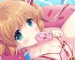  1girl aqua_eyes bikini blonde_hair blush breasts cameltoe cleavage collarbone commentary food foreshortening from_above hair_between_eyes hair_ribbon hand_up holding holding_food holding_popsicle hoshimame_mana kamikita_komari little_busters! long_ribbon looking_at_viewer medium_breasts open_mouth pink_bikini pink_innertube polka_dot polka_dot_bikini popsicle red_ribbon ribbon short_hair solo swimsuit two_side_up upper_body upturned_eyes water 