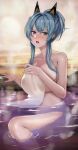  462vvv absurdres bare_arms bare_legs bare_shoulders bath blue_eyes blue_hair breasts cleavage goddess_of_victory:_nikke hair_bun helm_(aqua_marine)_(nikke) helm_(nikke) highres large_breasts looking_at_viewer nude onsen open_mouth short_hair_with_long_locks towel water 