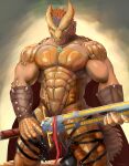 amulet anthro armor baldur&#039;s_gate baldur&#039;s_gate_3 balls biceps blue_eyes bracers cape cheek_spikes clothed clothing dragonborn_(dnd) dungeons_and_dragons english_text facial_spikes fiberll flaccid foreskin genitals greatsword harness hasbro head_spikes hi_res holding_object holding_sword holding_weapon horn humanoid_genitalia humanoid_penis jewelry male markings melee_weapon muscular muscular_male necklace orange_body orange_scales partially_clothed pecs penis purple_markings scales scalie skimpy solo spikes spikes_(anatomy) standing sword tail tan_body tan_scales text weapon wizards_of_the_coast