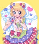 1girl :d blonde_hair blue_bow blue_eyes blunt_bangs blush bow cone_hair_bun curly_hair double_bun dress frilled_dress frills hair_bow hair_bun hands_up heart heart_hands highres idol_clothes layered_skirt looking_at_viewer minami_mirei multicolored_clothes multicolored_dress open_mouth polka_dot polka_dot_background pretty_series pripara red_bow short_hair skirt smile solo yellow_background yuni_(ramm_sweet) 