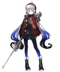  1boy absurdres aqua_eyes black_gloves black_shorts boots captain_nemo_(fate) coat fate/grand_order fate_(series) full_body fur_hat gloves gradient_hair gun harpoon harpoon_gun hat highres holding holding_gun holding_weapon long_hair multicolored_hair nemo_(fate) ninjin_(ne_f_g_o) shorts smile twintails ushanka weapon white_background winter_clothes winter_coat 