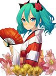  aqua_eyes aqua_hair bad_id bad_pixiv_id floral_print flower genjiguruma hatsune_miku highres profile seigaiha short_hair solo upper_body vocaloid ytk_(yutta-p) 