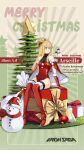  1girl ahoge arseille_(iron_saga) blonde_hair boots breasts character_name choker christmas christmas_tree copyright_name english_text full_body gloves green_eyes hair_ornament hat highres iron_saga leotard long_hair merry_christmas official_alternate_costume official_art red_footwear red_leotard santa_hat second-party_source sitting snow solo thigh_boots 