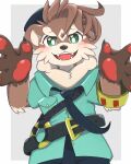 anthro blush brown_body brown_fur clothing cute_fangs eyebrows fur green_eyes hi_res kemoizumi lifewonders male mammal mustelid necktie otter otter_(tas) pawpads police_hat police_officer police_uniform smile solo thick_eyebrows tokyo_afterschool_summoners uniform