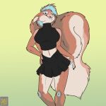 1:1 2023 anthro blue_eyes blue_hair bottomwear brown_body brown_fur brown_nose buckteeth claws clothed clothing female fluffy fluffy_tail foxenawolf fur gradient_background hair mammal midriff navel rodent sciurid shirt simple_background skirt solo tail tank_top teeth topwear tree_squirrel