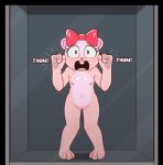 anthro blush caught e254e female genitals giggles_(htf) happy_tree_friends hi_res nipples pink_body pussy solo text