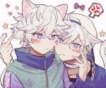  2boys anger_vein animal_ears blush brothers cat_boy cat_ears cat_tail choker cozmez_(paradox_live) earrings extra_ears green_hair grey_background heart jewelry male_focus medium_hair middle_finger multicolored_hair multiple_boys paradox_live phantometal_(paradox_live) purple_eyes purple_hair short_hair siblings spoken_anger_vein star_(symbol) tail twins white_choker white_hair wosurosu yatonokami_kanata yatonokami_nayuta 