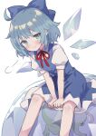  1girl absurdres ahase_hino ahoge animal blue_bow blue_dress blue_eyes blue_hair blush bow cirno closed_mouth collared_shirt dress feet_out_of_frame frog hair_bow highres ice ice_wings looking_at_viewer medium_hair neck_ribbon pinafore_dress puffy_short_sleeves puffy_sleeves red_ribbon ribbon shirt short_sleeves simple_background sleeveless sleeveless_dress smile touhou v_arms white_background white_shirt wings 