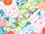  2girls arm_up bare_shoulders blue_eyes blurry blurry_foreground blush breasts colored_eyelashes dress dual_persona falulu flower forehead_jewel green_hair headphones highres long_hair looking_at_another lying lying_on_water marueri medium_breasts multiple_girls on_back open_mouth orange_flower parted_bangs partially_submerged petals pink_dress pink_flower pretty_series pripara profile rotational_symmetry sidelocks sleeveless sleeveless_dress smile twintails 