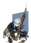  1girl alternate_costume angry assault_rifle black_socks blue_background brown_pants chain cross_hair_ornament dinergate_(girls&#039;_frontline) girls&#039;_frontline green_eyes grey_hair gun h&amp;k_hk416 hair_ornament highres hk416_(girls&#039;_frontline) holding holding_gun holding_weapon looking_to_the_side magazine_(weapon) michaeliadalto9 pants patch peace_symbol rifle shoes shoulder_patch smoke smoking_gun sneakers socks teardrop_facial_mark teardrop_tattoo two-tone_background weapon white_background 