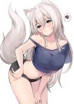  1girl animal_ear_fluff animal_ears asymmetrical_shirt asymmetrical_sleeves bare_shoulders black_shorts blue_eyes blue_shirt blush closed_mouth collarbone commentary double-parted_bangs grey_hair hair_between_eyes hair_intakes highres kemonomimi_mode leaning_forward long_hair looking_ahead midriff mole mole_on_thigh navel original ry_thae sanyu_(ry_thae) shirt short_shorts short_sleeves shorts simple_background solo stomach strap_slip symbol-only_commentary tail tail_raised white_background wolf_ears wolf_girl wolf_tail 