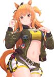  1girl animal_ears belt bomber_jacket commentary dog_tags ear_ribbon green_belt green_jacket highres horse_ears horse_girl horse_tail jacket long_hair long_sleeves looking_at_viewer mayano_top_gun_(umamusume) midriff navel orange_eyes orange_hair short_shorts shorts simple_background smile solo tail two_side_up umamusume white_background white_shorts yukke_jan 