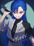  1girl absurdres ado_(utaite) asymmetrical_bangs baseball_bat baseball_uniform blue_eyes blue_hair clenched_teeth cloud_nine_inc commentary copyright_name cowboy_shot highres long_hair looking_at_viewer merry_(readymade) readymade short_hair solo sportswear spotlight teeth translated tsukuno_tsuki utaite 