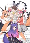  .live 4girls absurdres animal_ears bat_girl bat_wings blazer blue_hair bow bow_(weapon) bowtie brown_hair brown_long-eared_bat_(kemono_friends) caracal_(kemono_friends) cat_ears cat_girl cat_tail dress elbow_gloves extra_ears fingerless_gloves fox_ears fox_girl fox_tail gloves grey_hair hat highres island_fox_(kemono_friends) jacket kemono_friends kemono_friends_v_project kneehighs leotard long_hair looking_at_viewer microphone multiple_girls necktie oaug241 one_eye_closed orange_hair pantyhose ribbon rurun_rururica shirt simple_background skirt sleeveless sleeveless_shirt socks tail twintails virtual_youtuber weapon wings 