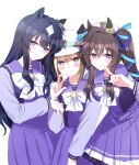  3girls animal_ears blue_eyes blue_hair blush breasts brown_hair cheval_grand_(umamusume) closed_mouth dark_blue_hair hair_ornament hat horse_ears long_hair looking_at_viewer medium_breasts medium_hair multiple_girls pointing pointing_at_self purple_eyes ribbon romi_(346_ura) school_uniform siblings sisters smile tracen_school_uniform twintails umamusume v verxina_(umamusume) vivlos_(umamusume) white_background 