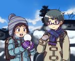  2boys bag black_hair blue_eyes blue_sky blush child cloud clouds coat glasses gloves green_hair hat male male_focus mittens multiple_boys oginy open_mouth outdoors scarf school_bag short_hair sky smile snow snowball standing tree winter 