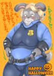 blonde_hair clothing cosplay dialogue elderly_female female hair hebokun japanese_text lagomorph leporid mammal mature_female old overweight overweight_female police_uniform rabbit solo text translation_request uniform