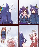  4girls =_= alternate_costume animal_ears blue_hair blush brown_hair clenched_hands closed_eyes commentary_request crossed_arms dark_blue_hair gold_ship_(umamusume) hat highres holding horse_ears horse_tail long_hair meme multiple_girls open_mouth purple_eyes school_uniform simple_background snowball snowing standing tail translation_request twintails umamusume verxina_(umamusume) vivlos_(umamusume) winter_clothes yamcha_pose_(meme) yonedatomo_mizu 