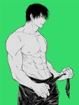  1boy abs cowboy_shot expressionless fushiguro_touji green_background highres jj59u jujutsu_kaisen male_focus muscular muscular_male pants pectorals scar scar_on_face scar_on_mouth short_hair topless_male 