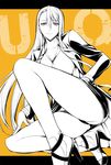  breasts cleavage copyright_name evangeline_a_k_mcdowell evangeline_a_k_mcdowell_(adult) high_heels ishigaki_takashi jacket large_breasts long_hair long_legs long_sleeves older one_knee panties partially_colored solo underwear uq_holder! very_long_hair yellow_background 