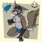 bodily_fluids canid canine canis clothing embarrassed epic_games fortnite gag gloves handwear hi_res male mammal muzzle_(object) ring_gag smile solo solo_focus sweat tabyhyen4_(artist) tongue tongue_out underwear wendell_(fortnite) wolf