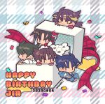  5boys :3 black_hair black_wings blue_hair blue_jacket blue_pants box claws confetti dated devil_jin flower forehead_jewel gift gift_box gloves happy_birthday hood hooded_jacket jacket kazama_jin kotorai mini_person miniboy multiple_boys pants red_gloves red_ribbon ribbon signature star_(symbol) studded_gloves tekken white_flower wings 