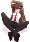  1girl arms_up belt black_pantyhose black_shorts blush breasts brown_hair brown_jacket collared_shirt commission crossed_bangs dorsiflexion feet foreshortening full_body godai_01 grey_eyes hair_between_eyes highres jacket legs long_hair long_sleeves looking_at_viewer makise_kurisu medium_breasts necktie no_shoes open_clothes open_jacket open_mouth pantyhose pantyhose_under_shorts pixiv_commission red_necktie see-through see-through_legwear shirt short_shorts shorts simple_background sitting solo spread_toes steins;gate toenails toes white_background white_shirt 