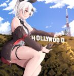  1girl absurdres bare_shoulders breasts brown_eyes cleavage five-seven_(girls&#039;_frontline) giant giantess girls&#039;_frontline highres holding holding_phone long_hair phone ponytail ribbon sitting solo thighs white_hair 