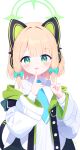  1girl absurdres animal_ear_headphones animal_ears blonde_hair blue_archive blue_bow blue_necktie blush bow cat_tail collared_shirt fake_animal_ears green_eyes green_halo hair_bow halo headphones highres jacket long_sleeves midori_(blue_archive) necktie open_mouth revision shirt short_hair simple_background solo tail two-sided_fabric two-sided_jacket upper_body white_background white_jacket white_shirt zcx 