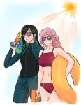  alternate_costume anne_(path_to_nowhere) black_hair bodysuit braid breasts diving_suit glasses holding holding_innertube innertube iron_(path_to_nowhere) jrnc23 long_hair path_to_nowhere pink_hair scar scar_across_eye sunglasses sunlight swimsuit water_gun wetsuit yuri 