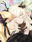  2girls arknights black_dress blonde_hair blue_eyes closed_eyes demon_horns dress floral_background horn_ornament horns long_hair mosuke multiple_girls nightingale_(arknights) pointy_ears shining_(arknights) very_long_hair white_dress white_hair yuri 